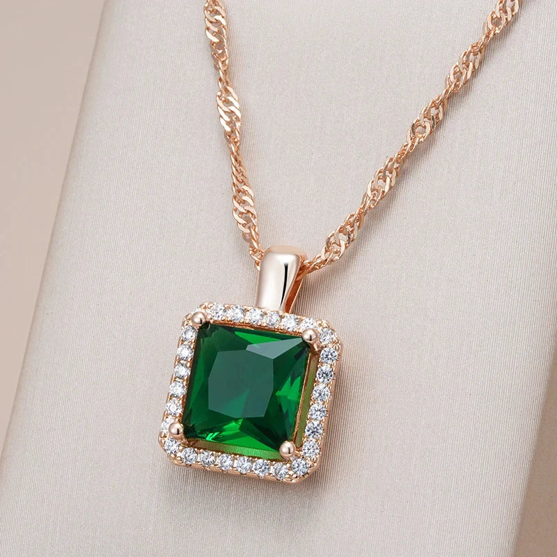 Square Green Stone 585 Rose Gold Necklace