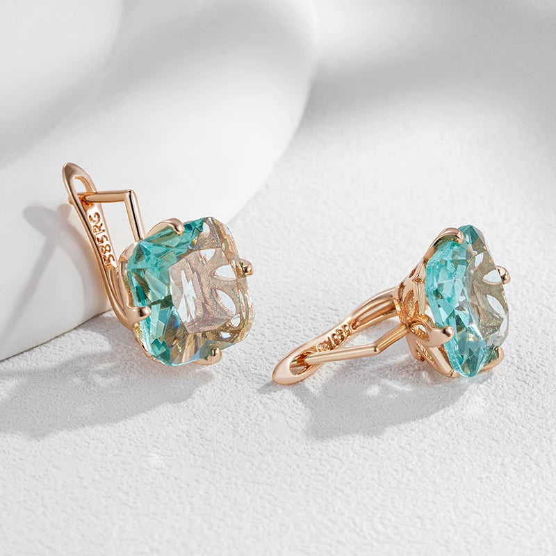 Big Square Green Zircon 585 Rose Gold Earrings