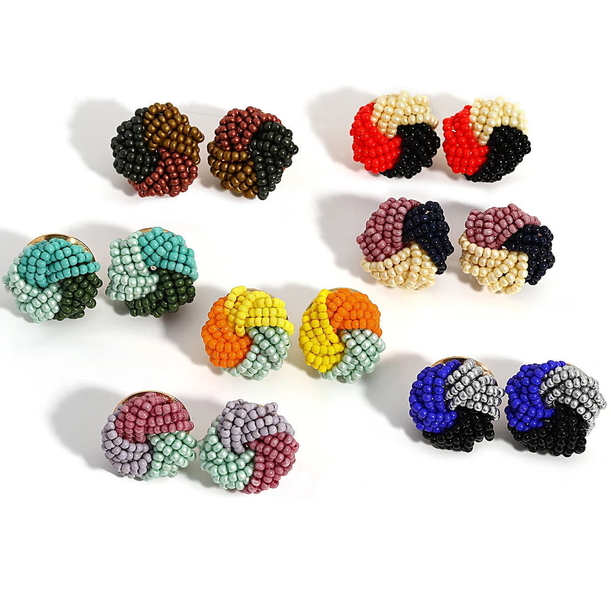 Tricolor Beaded Knot Stud Earrings