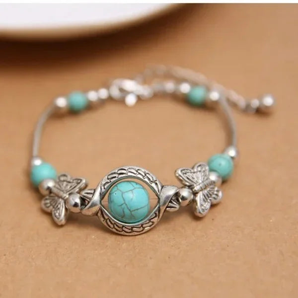 Butterfly Carved Beaded Turquoise Bracelet