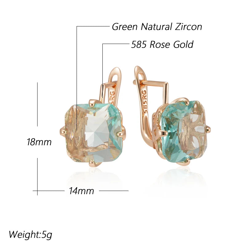 Big Square Green Zircon 585 Rose Gold Earrings