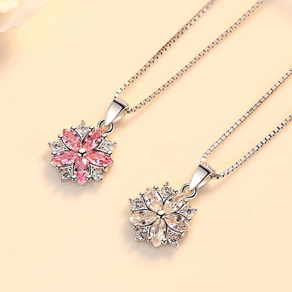 925 Silver Pink Crystal Flower Necklace