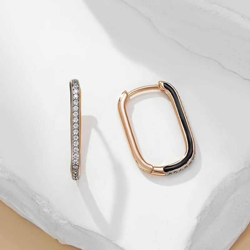 Black Enamel Zircon 585 Rose Gold Hoop Earrings