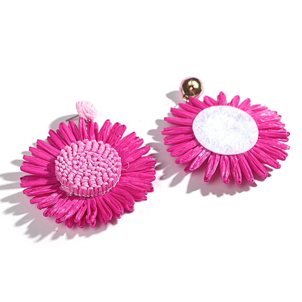 Large Woven Raffia Flower Earrings