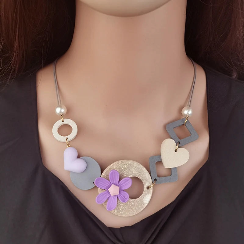 Handmade Flower Wooden Bib Necklace