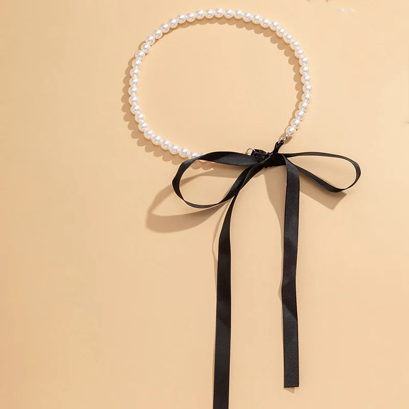 White Pearl Ribbon Choker Necklace