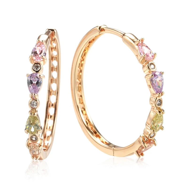 Colorful Natural Zircon 585 Rose Gold Hoop Earrings