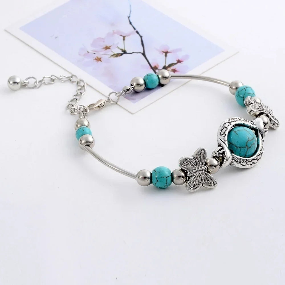 Butterfly Carved Beaded Turquoise Bracelet