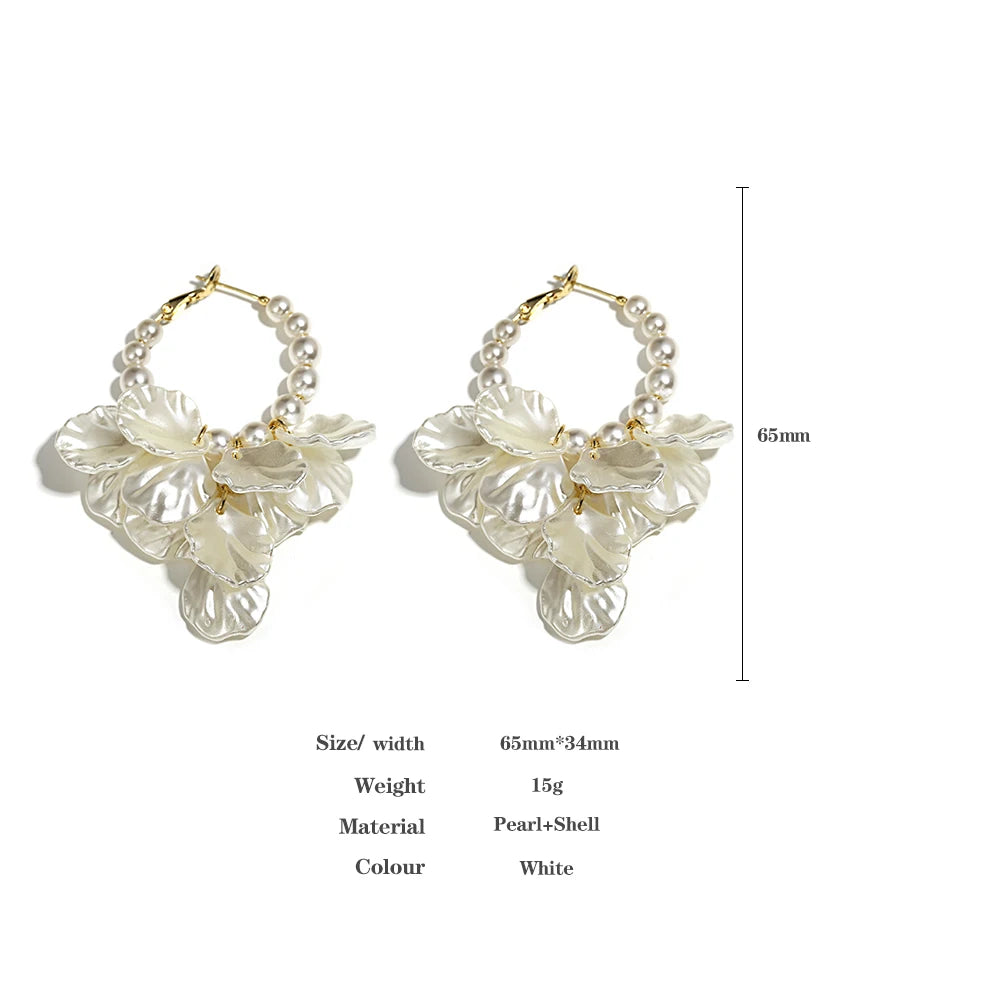 White Flower Pearl Hoop Earrings