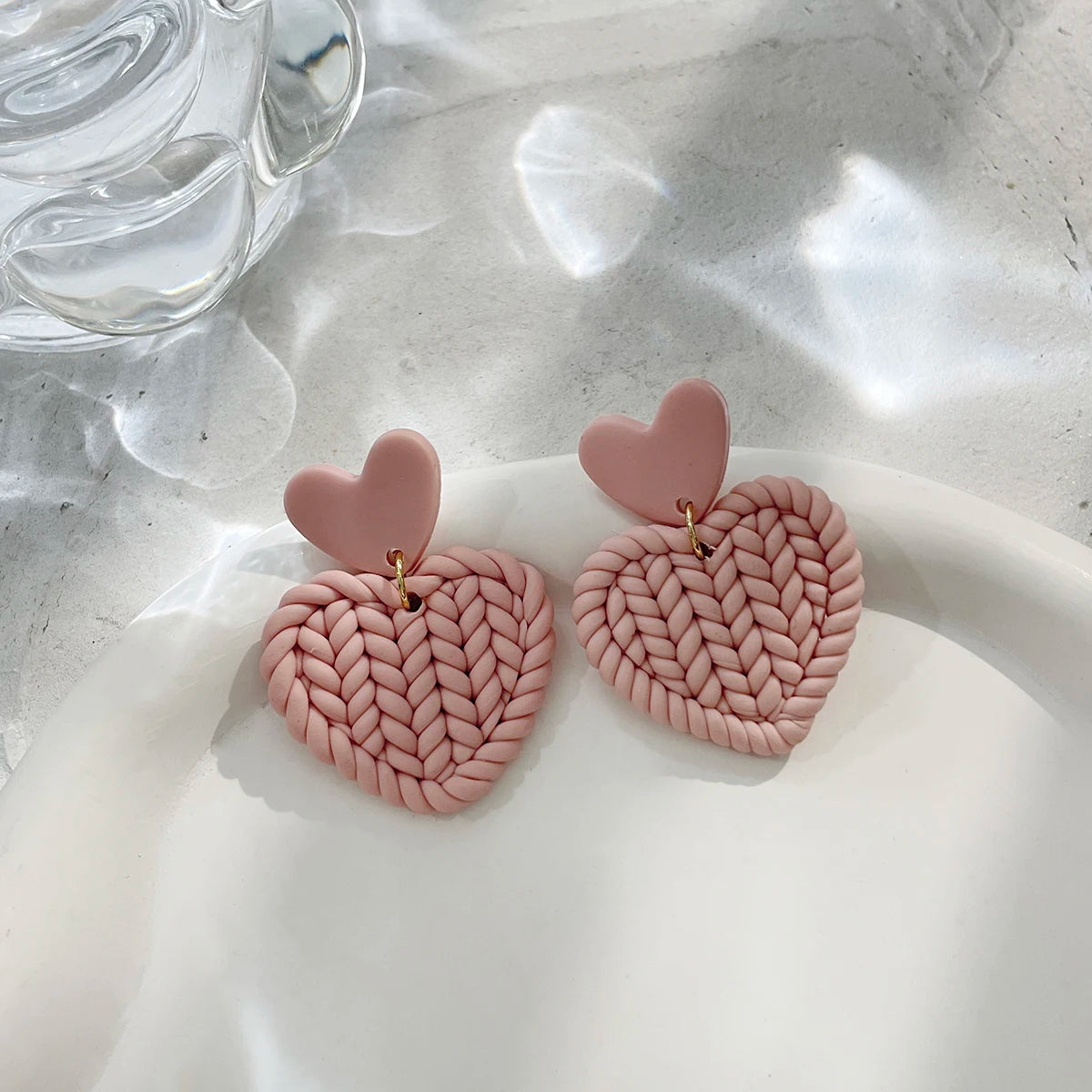 White Pink Braided Clay Earrings