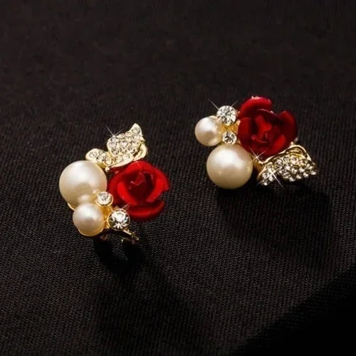 Red Rose Butterfly Pearl Earrings