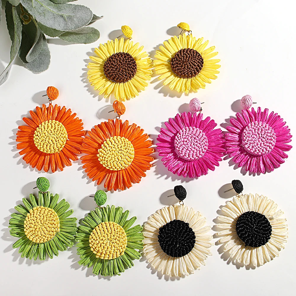 Large Woven Raffia Flower Earrings