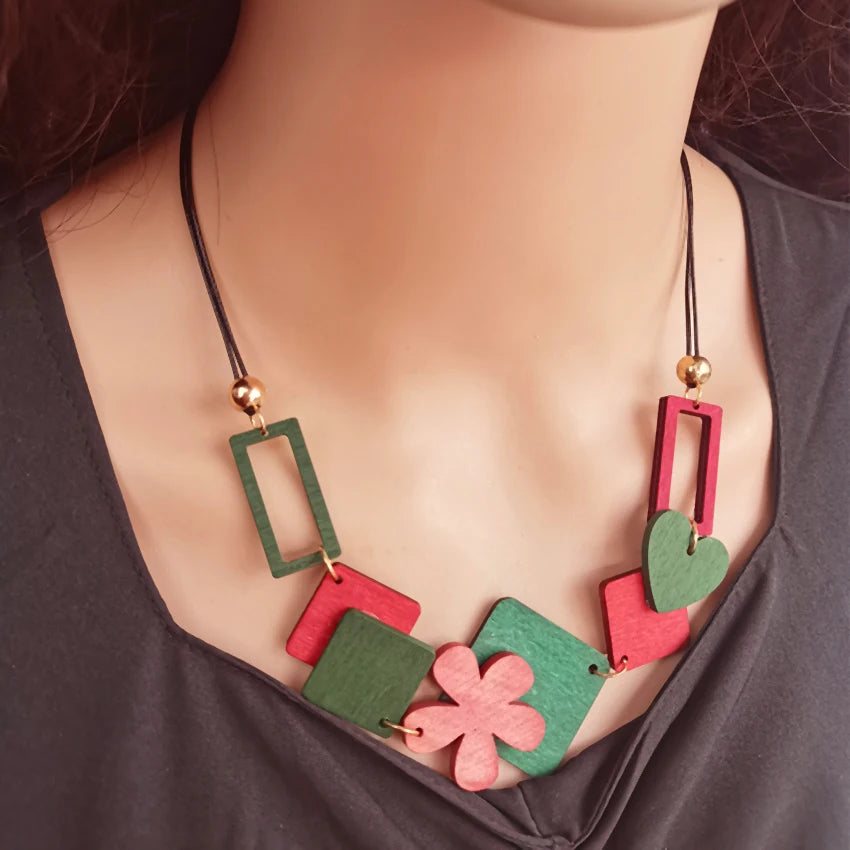 Wooden Bib Necklace with Heart Pendant