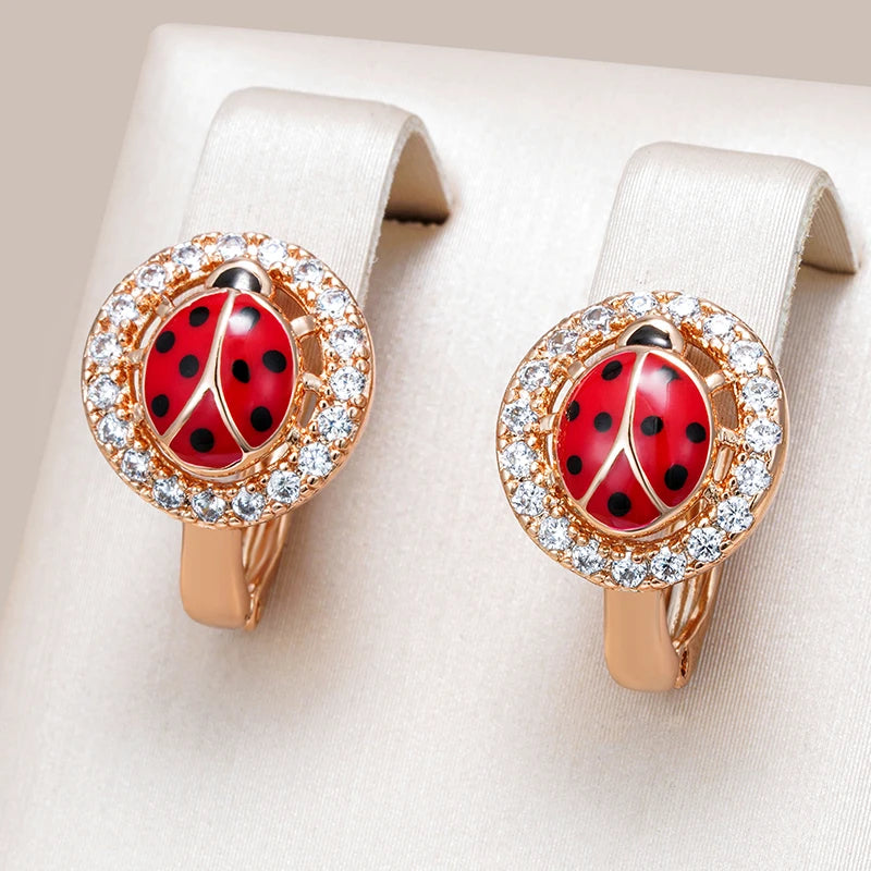 Cute Ladybug 585 Rose Gold Zircon Earrings