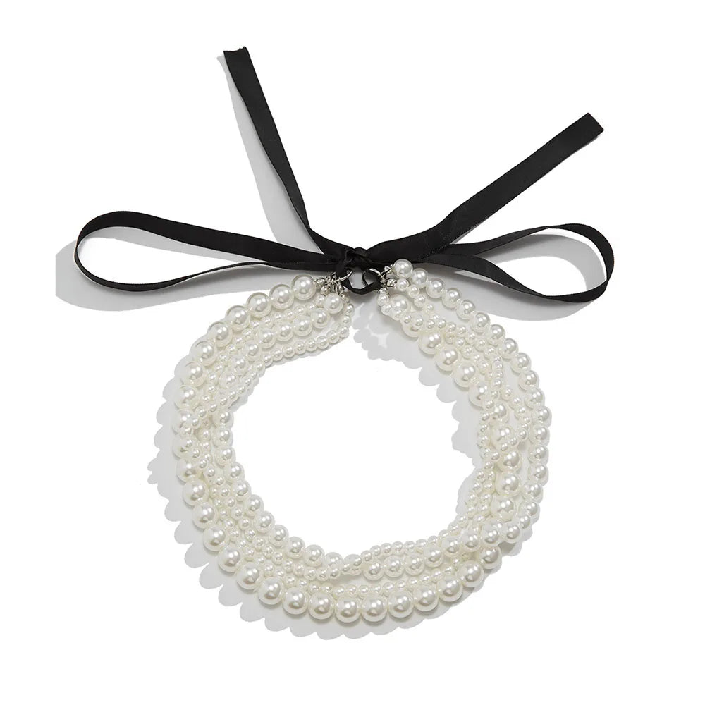 Elegant Multi-Layer Pearl Ribbon Choker