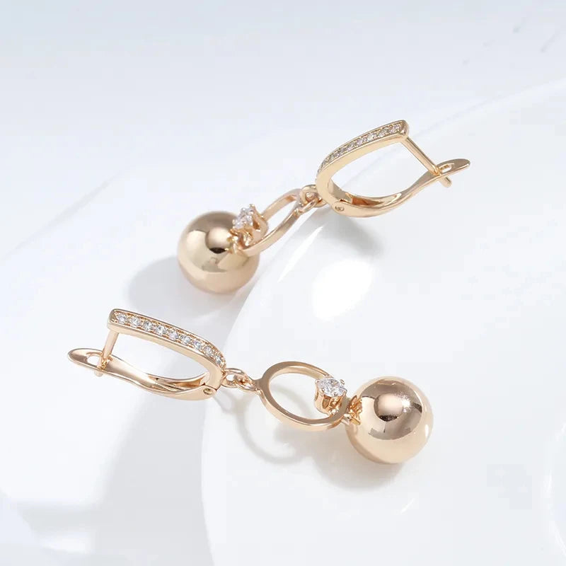 Metal Ball Long 585 Rose Gold Drop Earrings