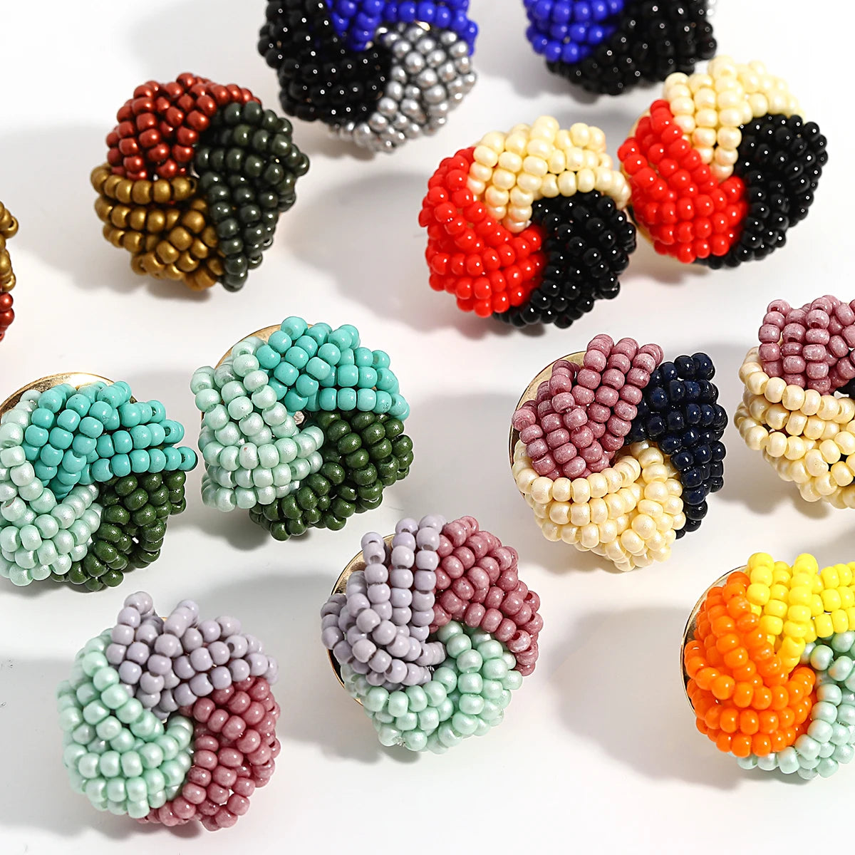 Tricolor Beaded Knot Stud Earrings