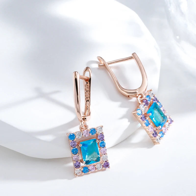 Square Blue Zircon 585 Rose Gold Earrings