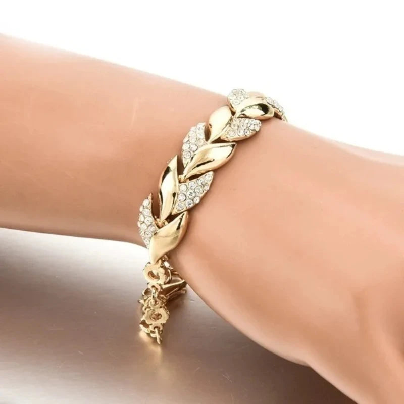 Inlaid Crystal Golden Leaf Bracelet