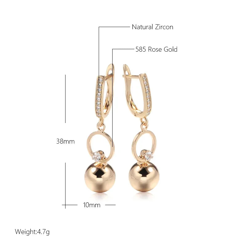 Metal Ball Long 585 Rose Gold Drop Earrings