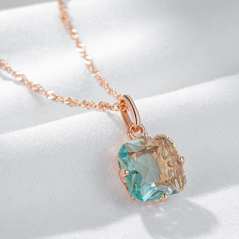 Big Square Green Zircon 585 Rose Gold Necklace