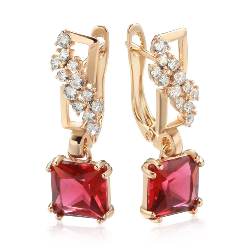 Square Red Zircon 585 Rose Gold Dangle Earrings