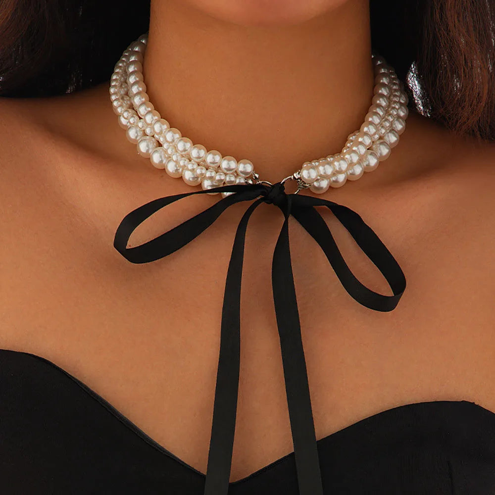 Elegant Multi-Layer Pearl Ribbon Choker